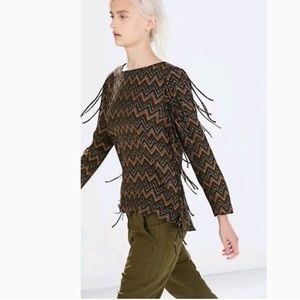 ZARA Fringe Aztec Zig Zag Print Blouse Top